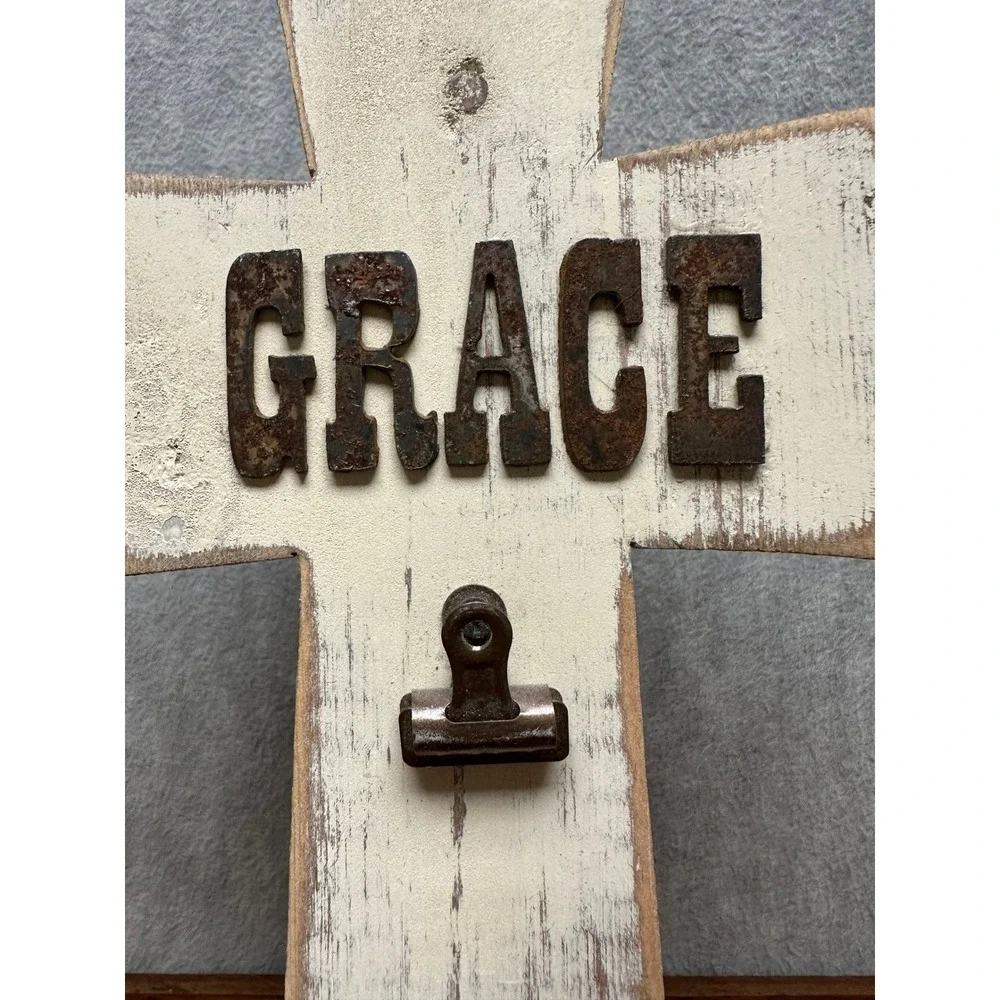 Wooden Grace Standing Cross White Distressed Rustic Metal Clip Decor